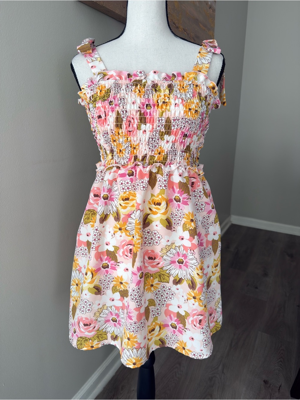 As U Wish Floral Smocked Tie Shoulder Mini Dress Small Pink Yellow